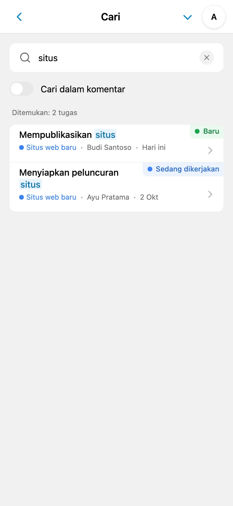 Pencarian tugas dengan kueri dan hasil yang ditampilkan