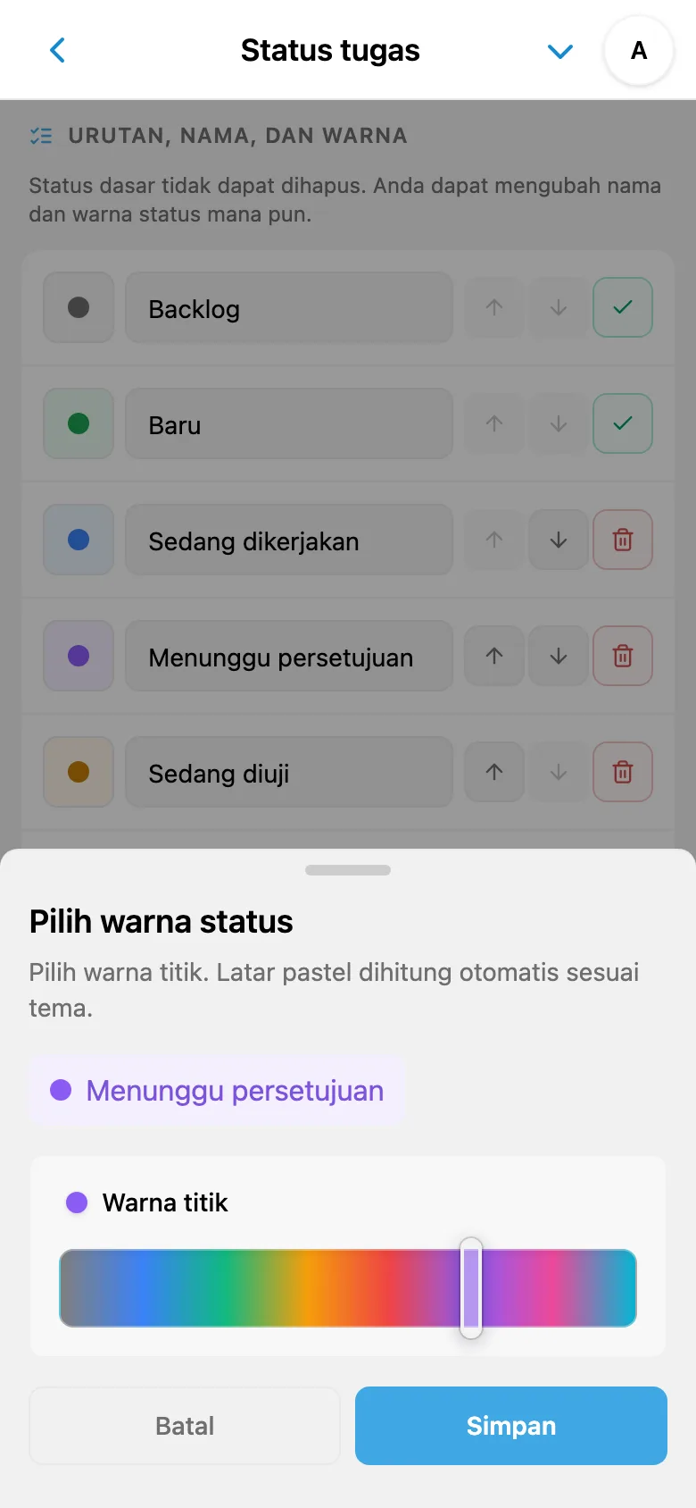 Pengeditan nama status tugas dan pemilihan warnanya