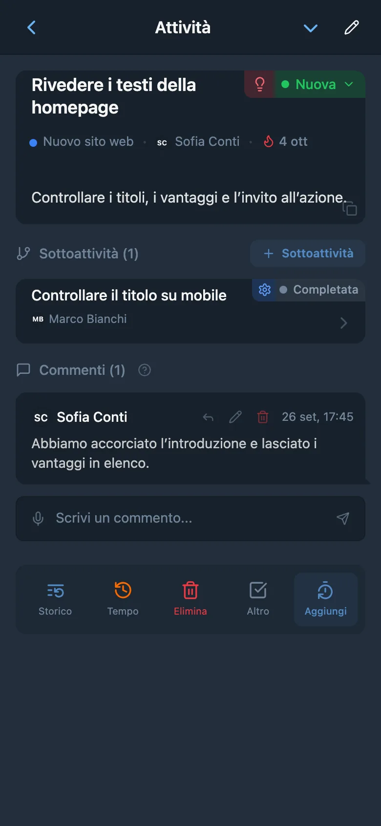 Scheda di un’attività aperta dalla bacheca Kanban del progetto
