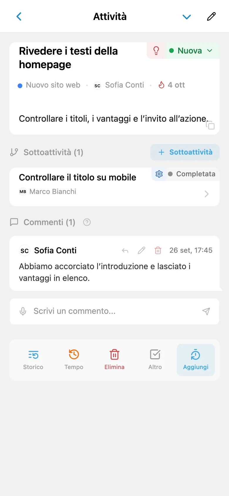 Scheda di un’attività aperta dalla bacheca Kanban del progetto