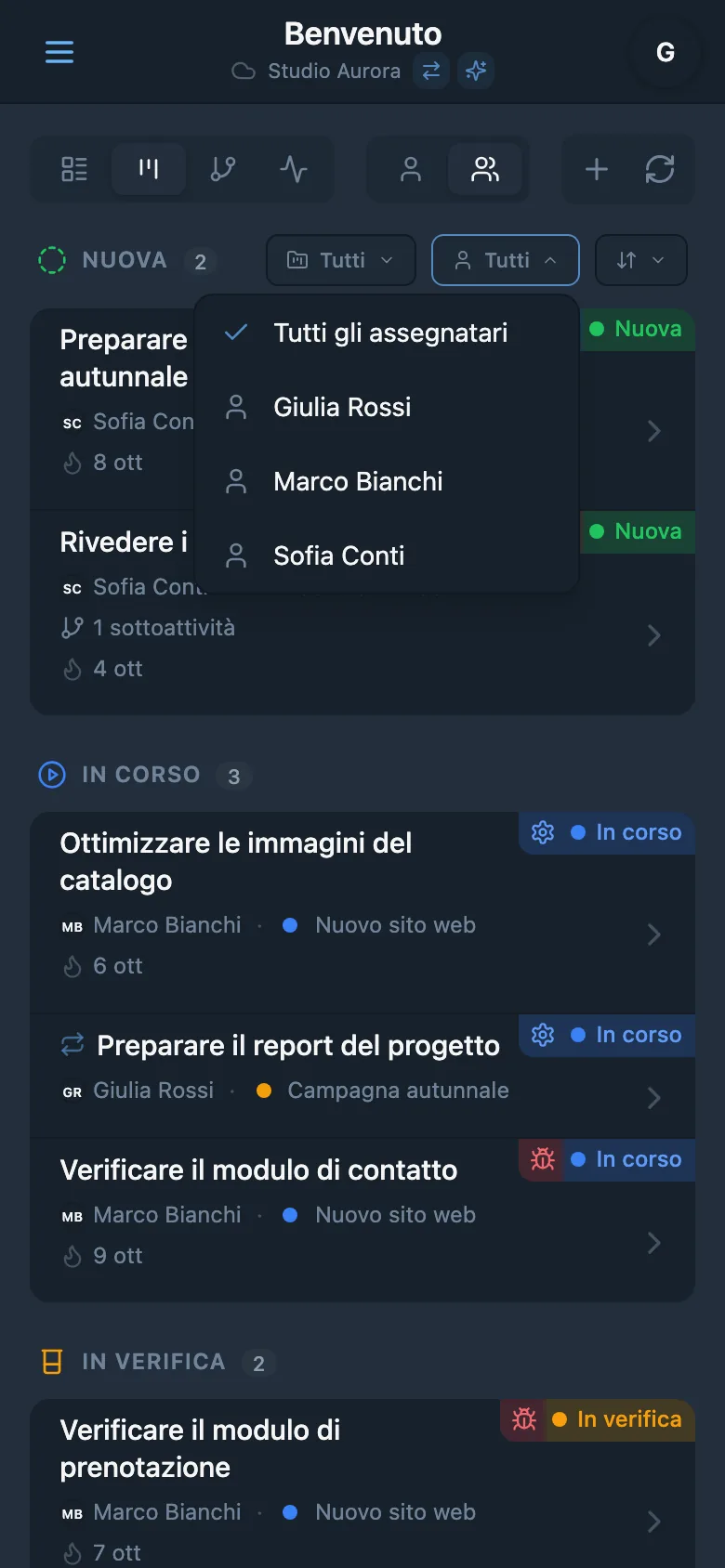 Filtro delle attività per responsabile