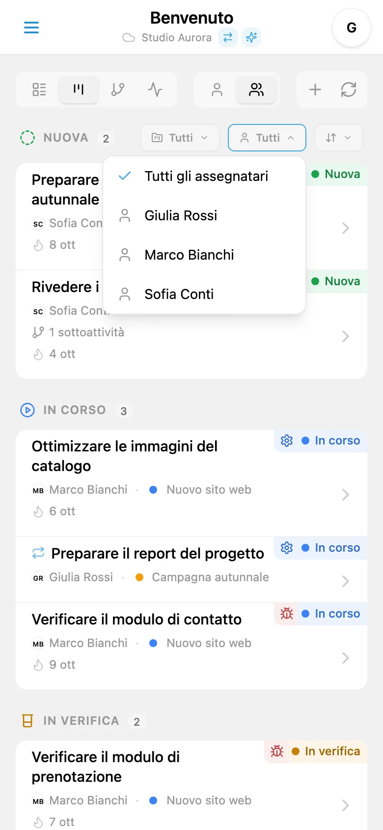 Filtro delle attività per responsabile