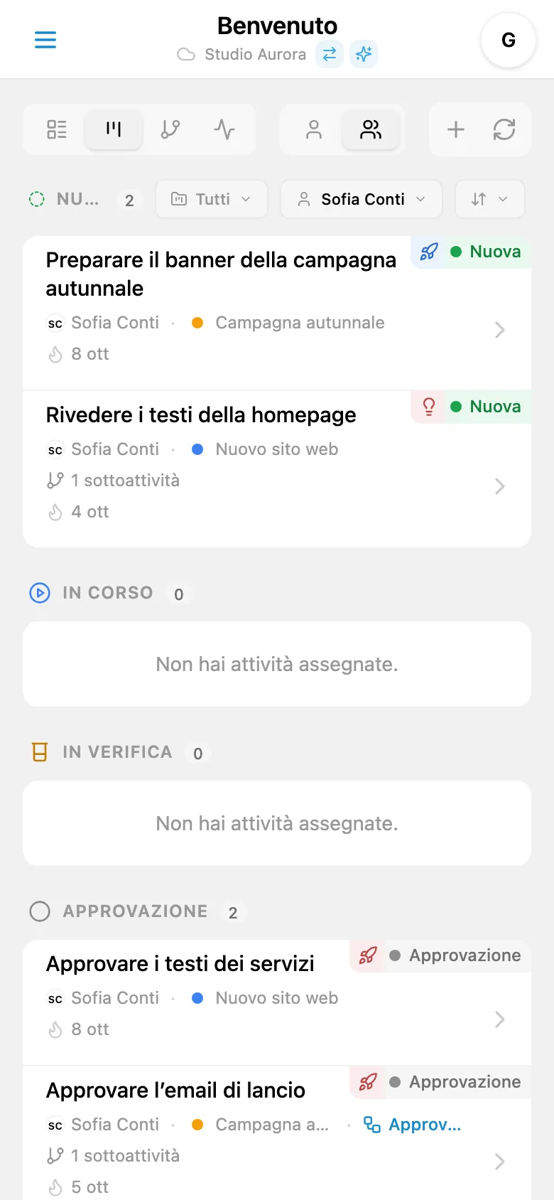 Bacheca Kanban filtrata per responsabile