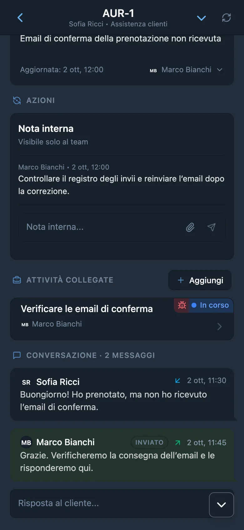 Nota interna in una richiesta HelpDesk