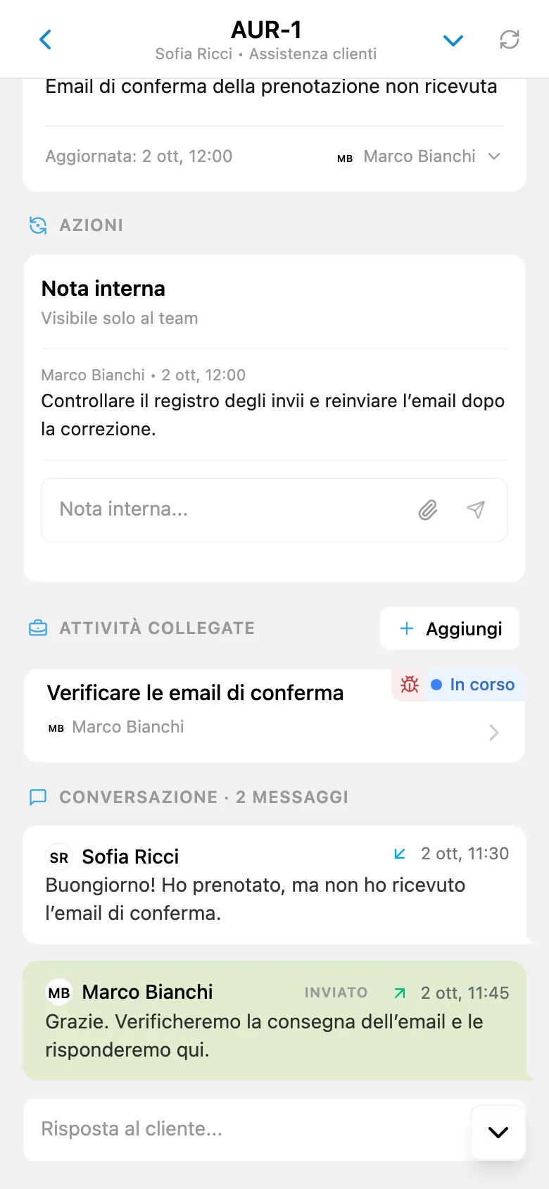 Nota interna in una richiesta HelpDesk