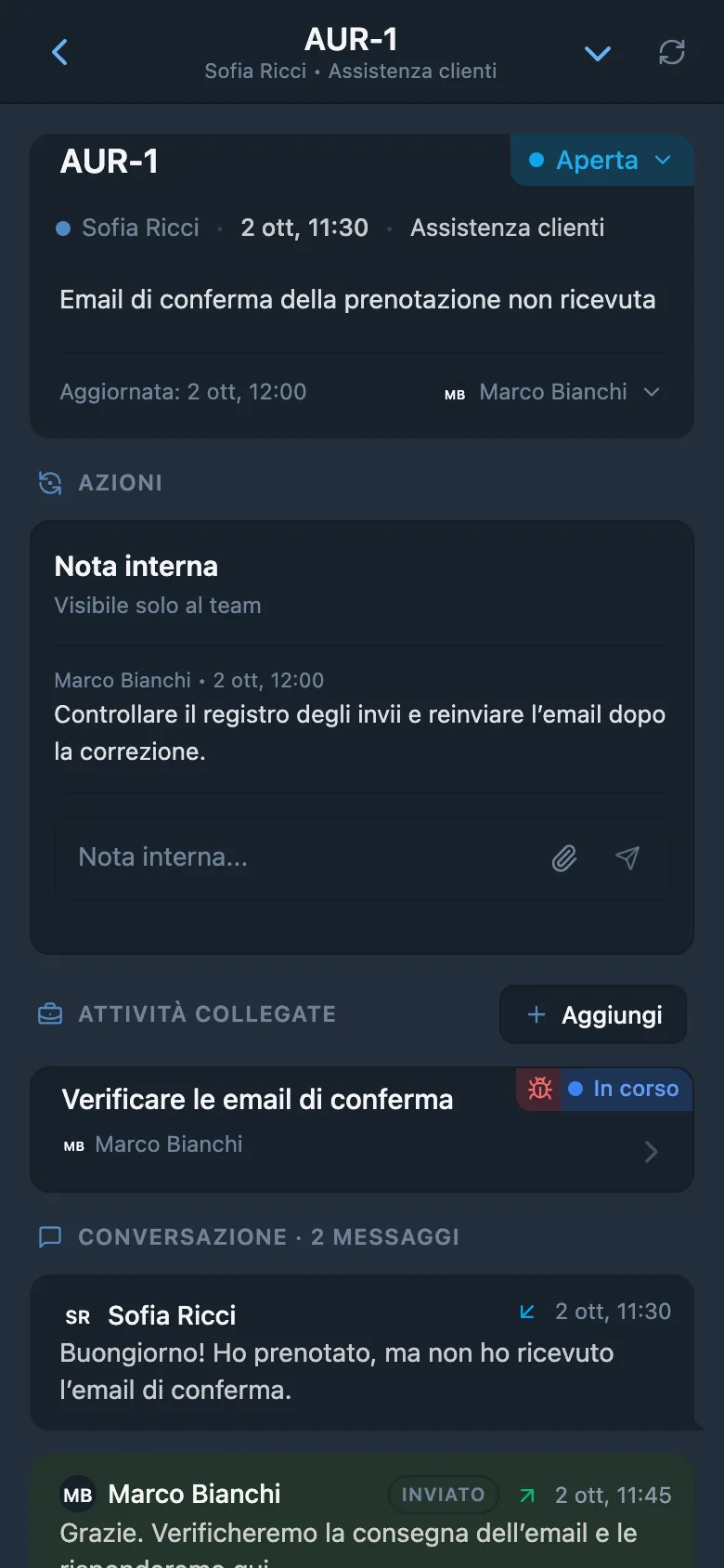 Richiesta cliente con link a un’attività collegata