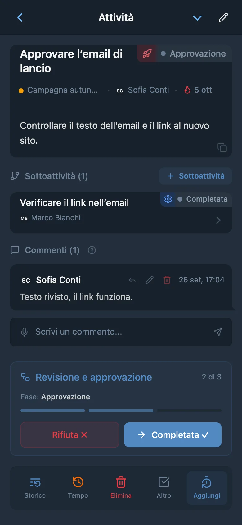 La stessa attività nella fase di approvazione, con un nuovo responsabile e le azioni «Rifiuta» e «Completata»