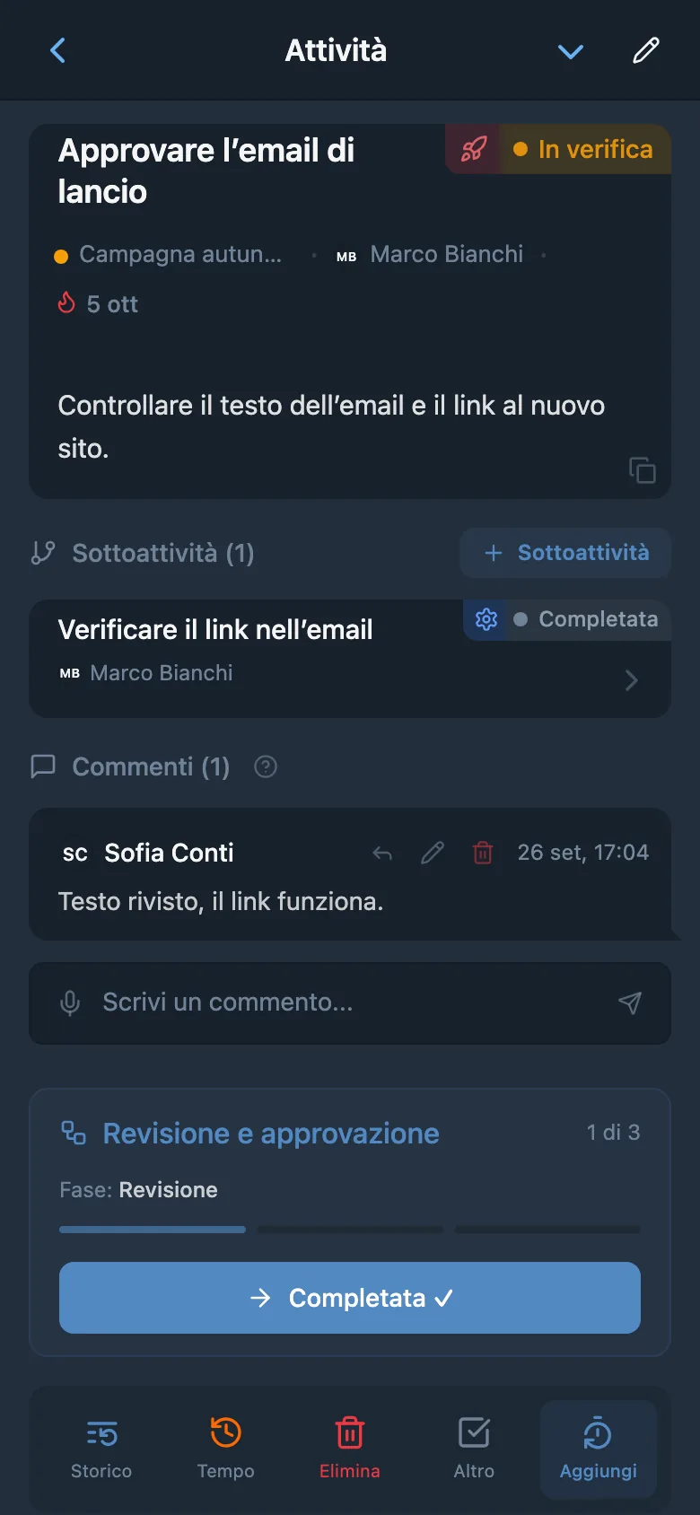Attività di revisione di un’email con la fase attuale del flusso di lavoro e il pulsante per completarla