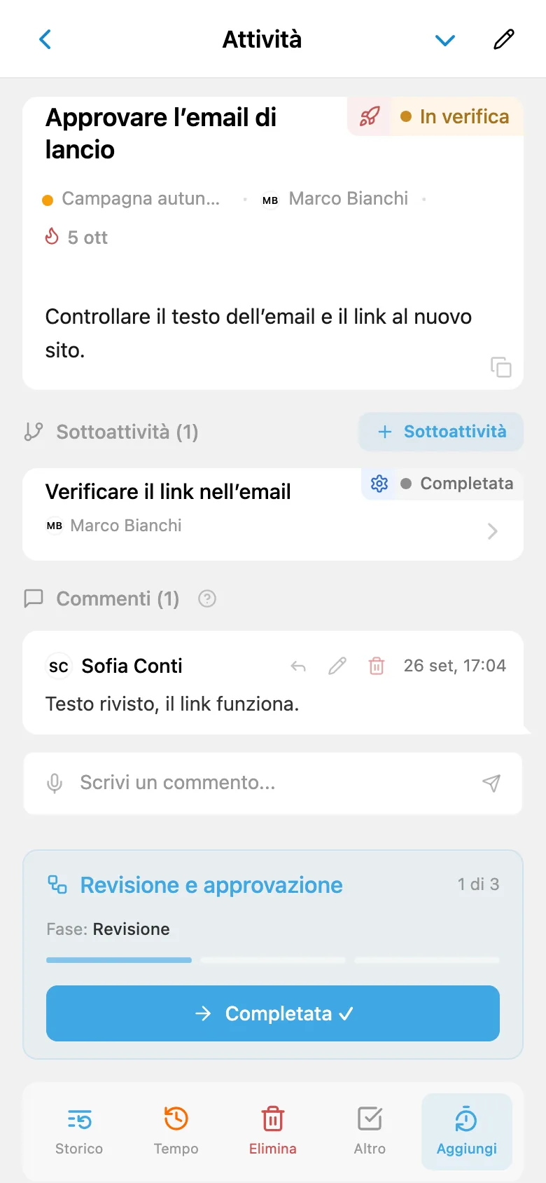 Attività di revisione di un’email con la fase attuale del flusso di lavoro e il pulsante per completarla