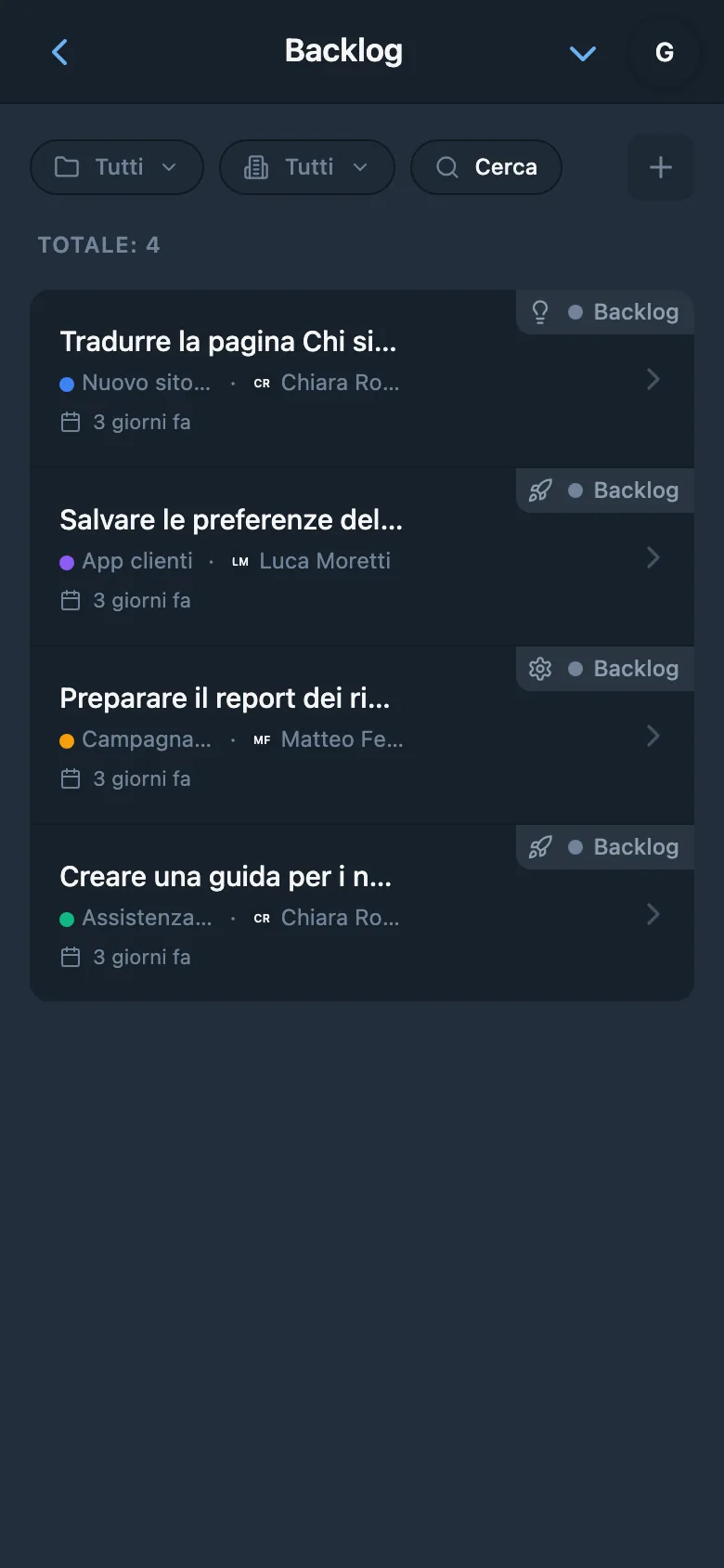Backlog del progetto con attività non ancora avviate