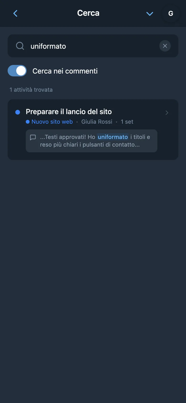 Risultati della ricerca nei commenti delle attività