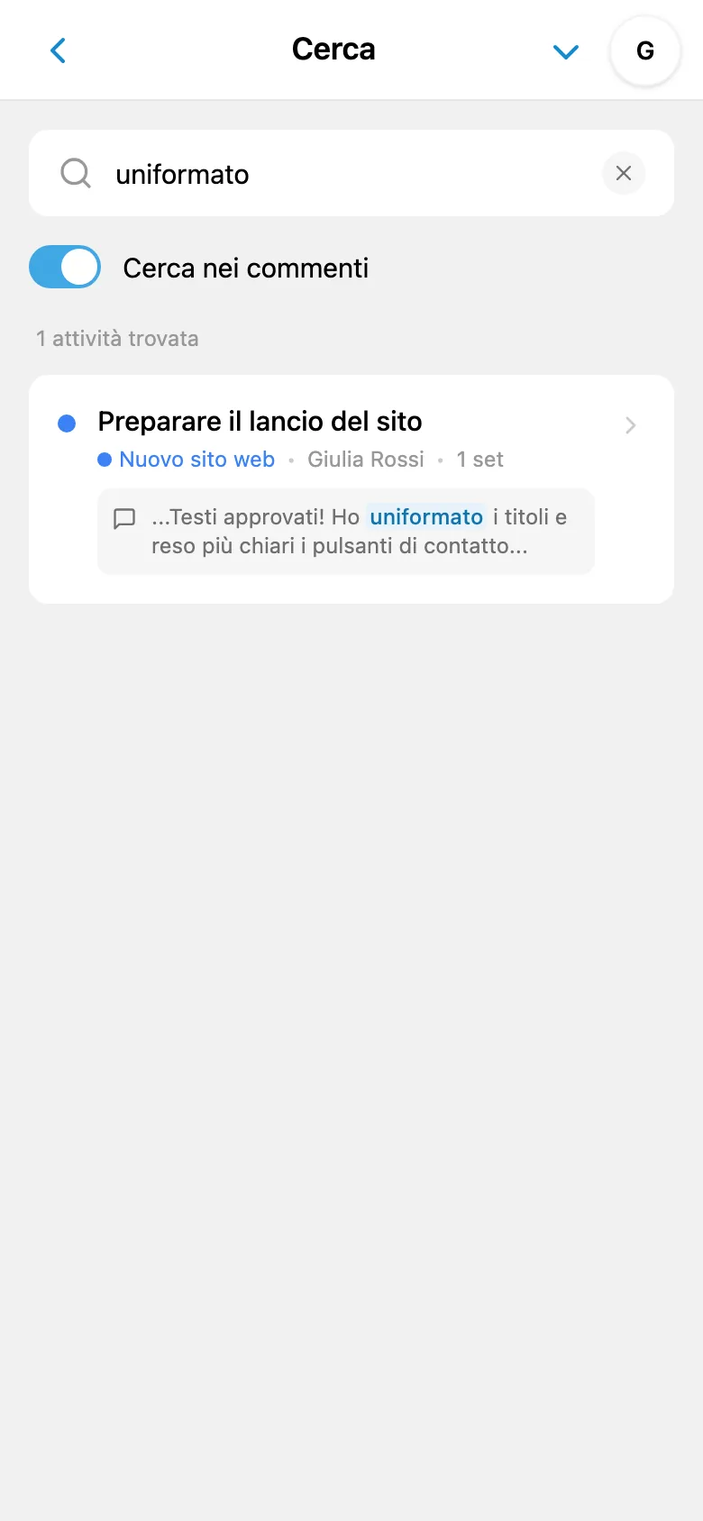 Risultati della ricerca nei commenti delle attività