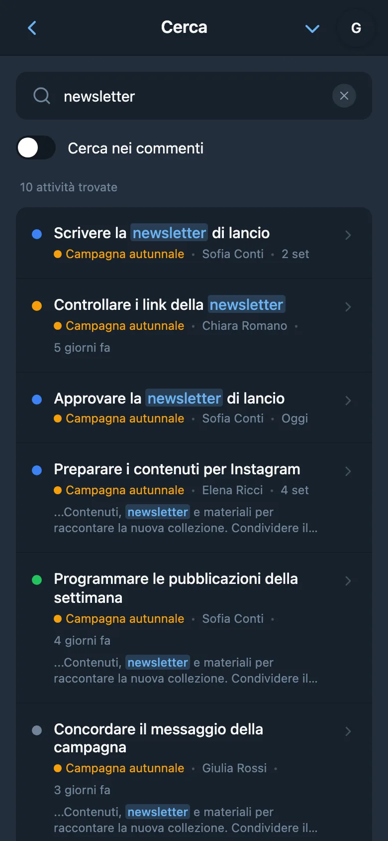 Ricerca di attività con query inserita e risultati