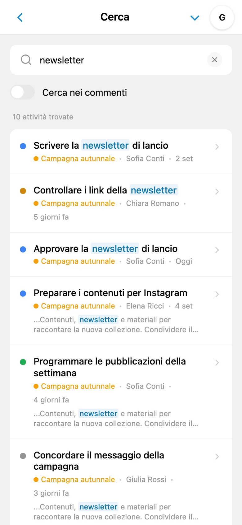 Ricerca di attività con query inserita e risultati