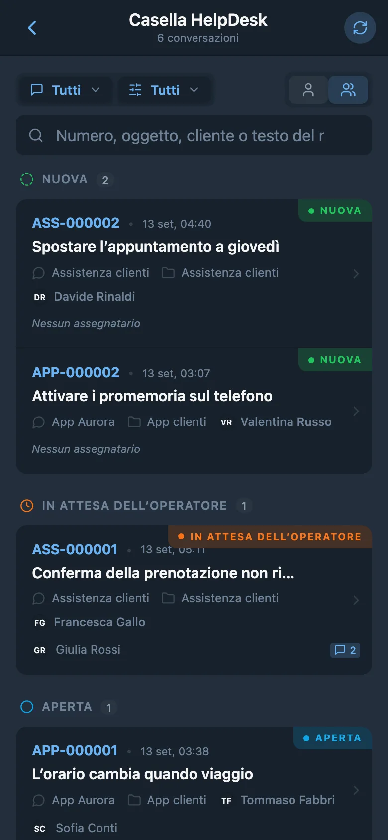 Richieste dei clienti in arrivo con stati diversi