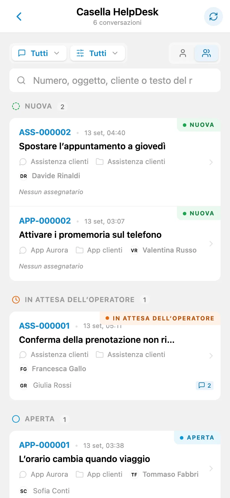 Richieste dei clienti in arrivo con stati diversi
