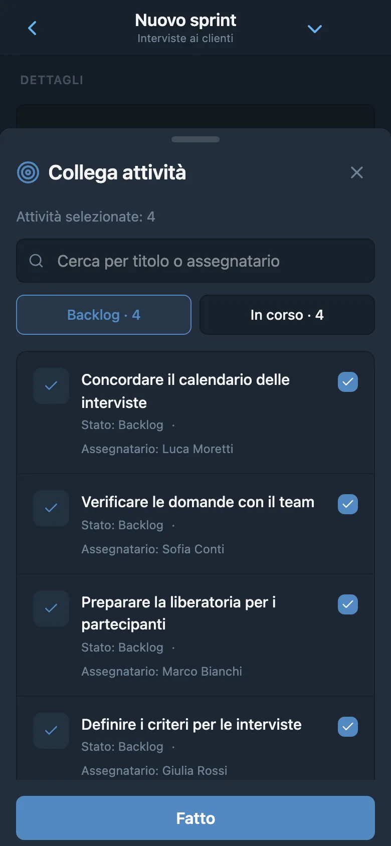 Selezione delle attività dal backlog del progetto da aggiungere allo sprint