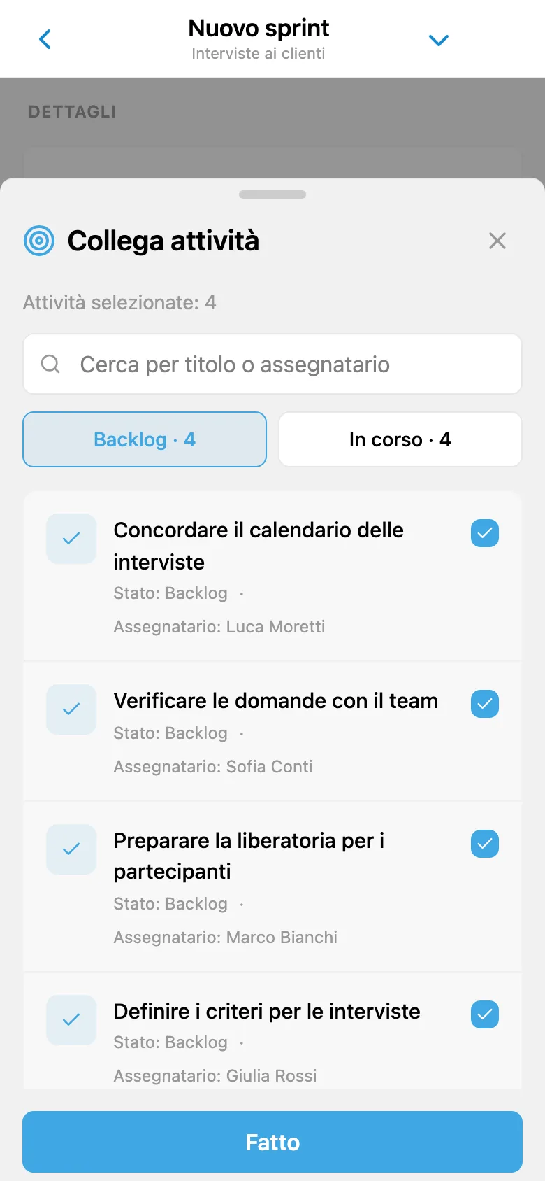 Selezione delle attività dal backlog del progetto da aggiungere allo sprint