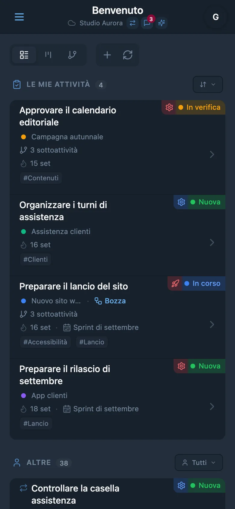 Elenco delle attività dello studio con stati, progetti e scadenze