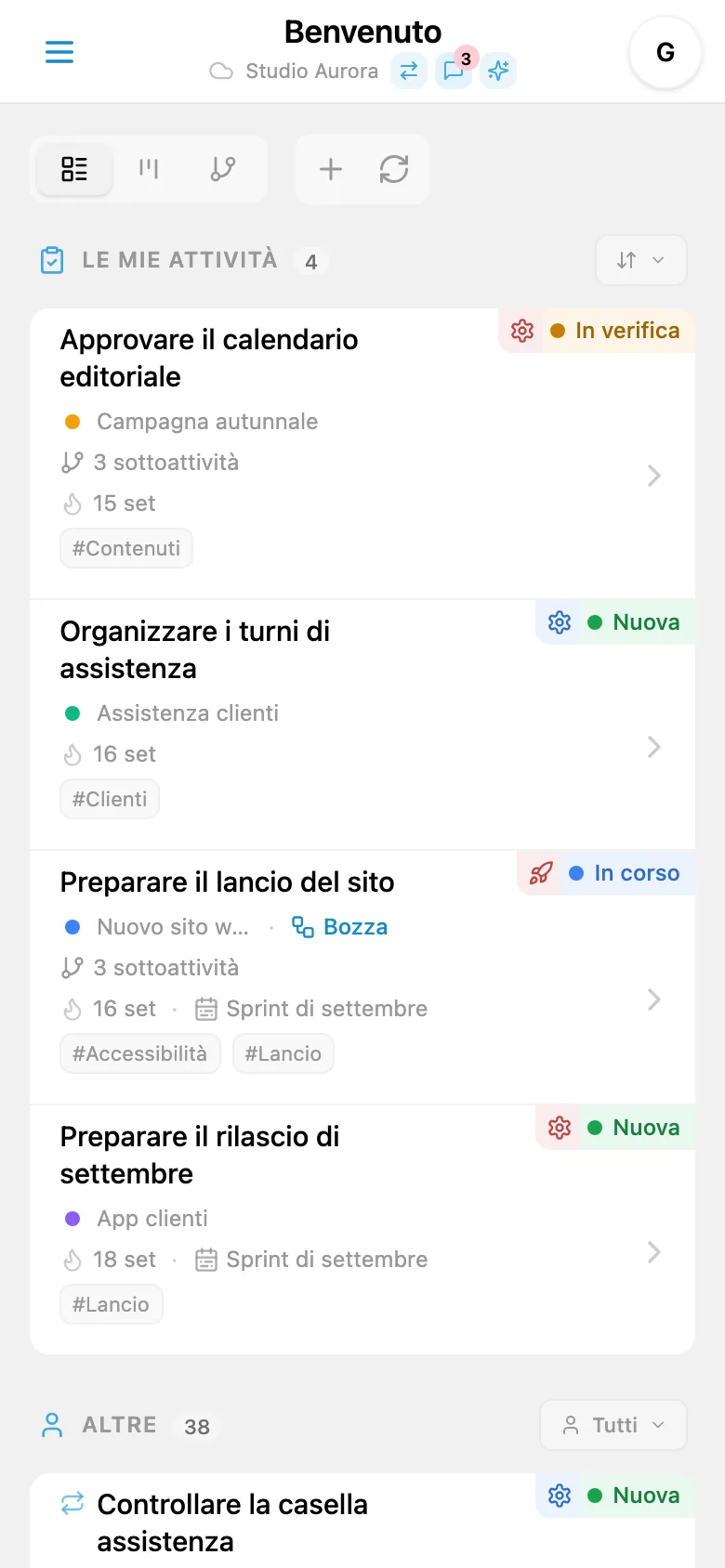 Elenco delle attività dello studio con stati, progetti e scadenze