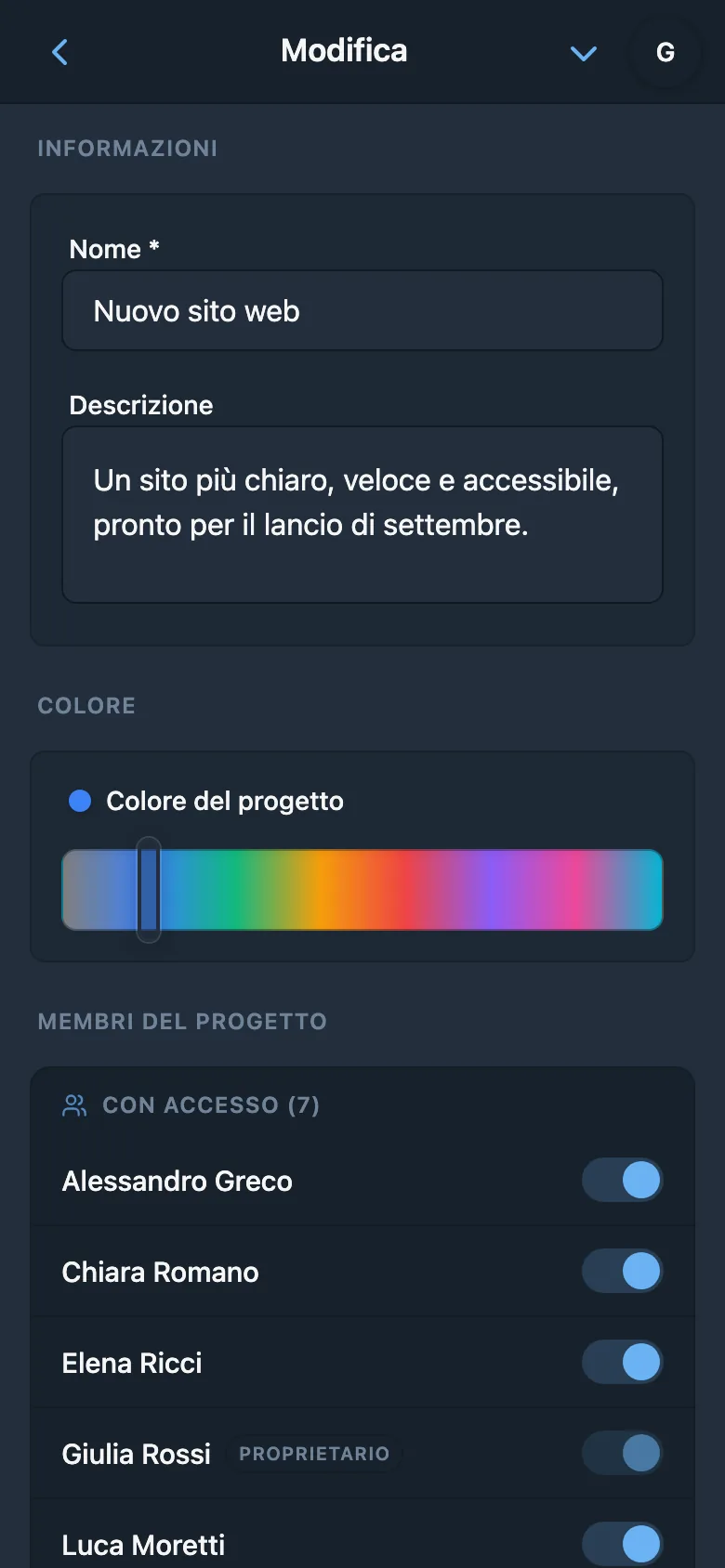 Scelta del colore nelle impostazioni del progetto