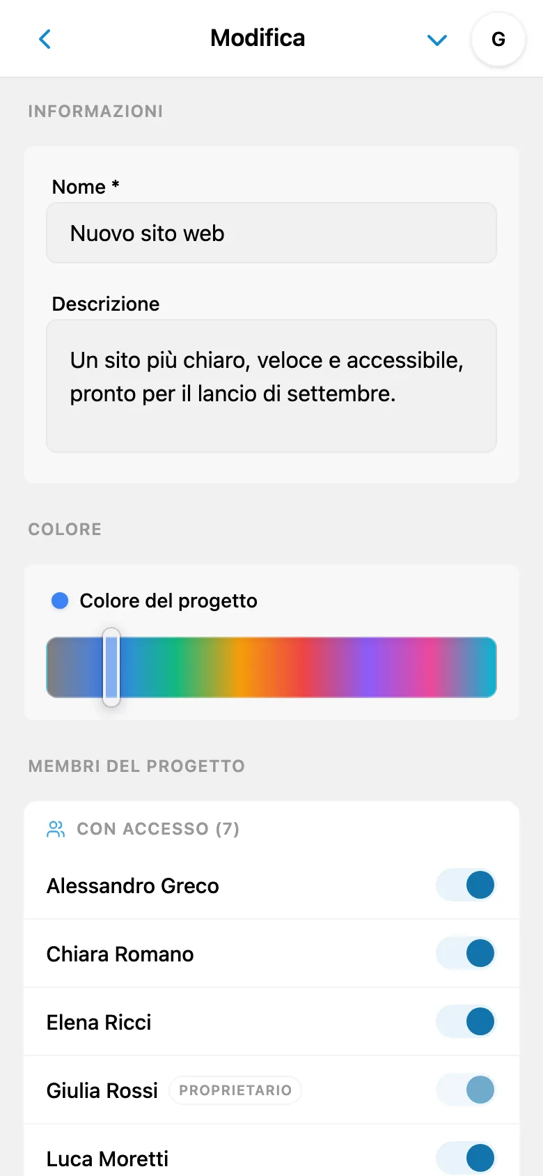 Scelta del colore nelle impostazioni del progetto