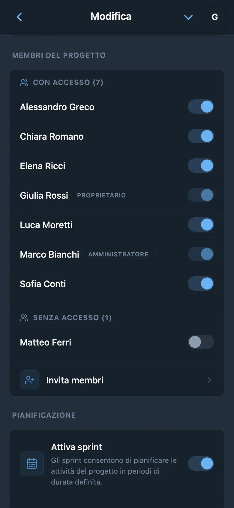 Impostazioni di accesso al progetto