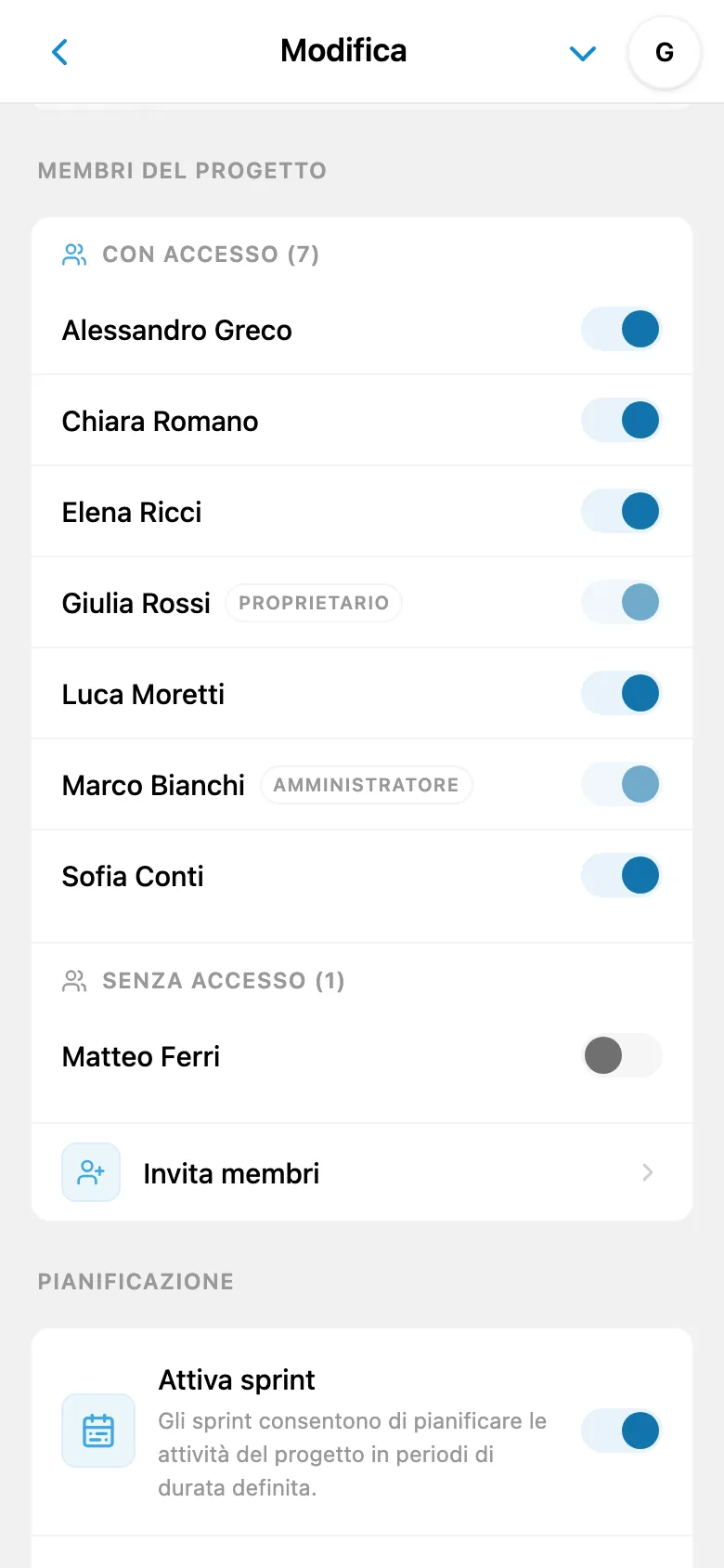 Impostazioni di accesso al progetto