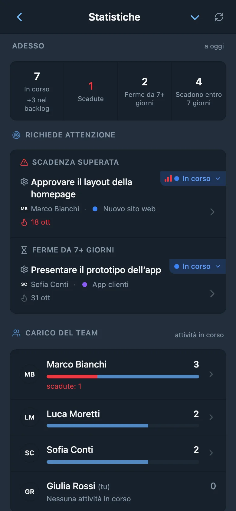 Statistiche del lavoro per progetto e membro del team