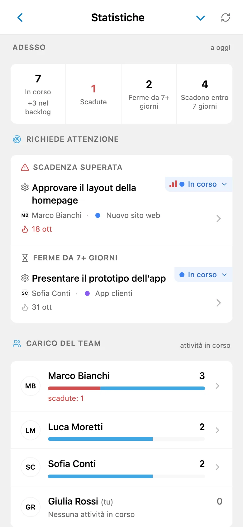 Statistiche del lavoro per progetto e membro del team