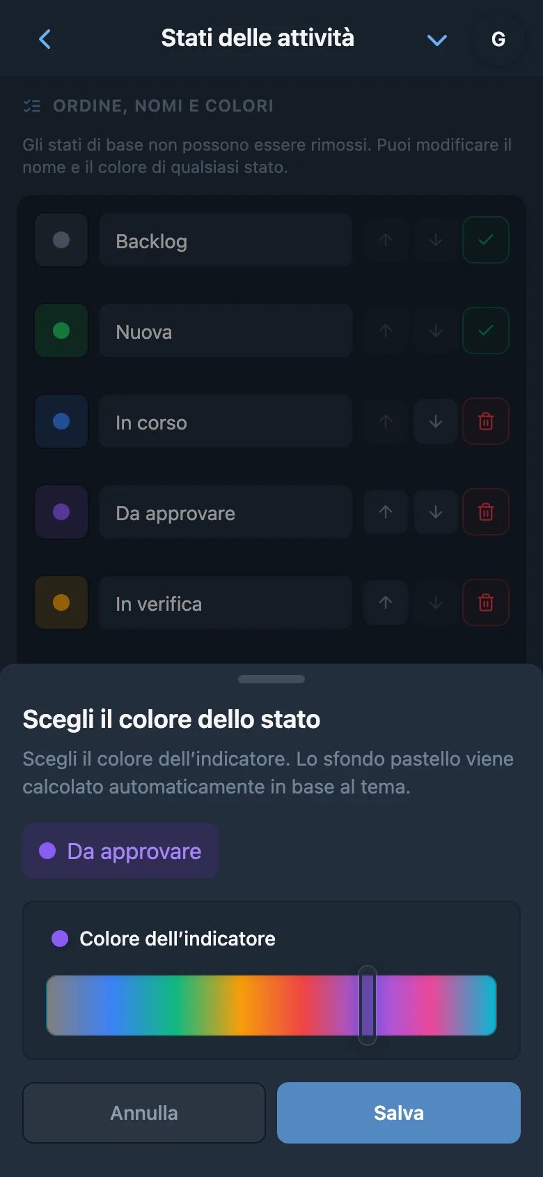 Modifica del nome e scelta del colore di uno stato dell’attività