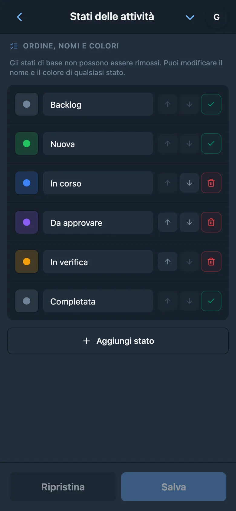 Impostazioni degli stati delle attività con nomi e colori