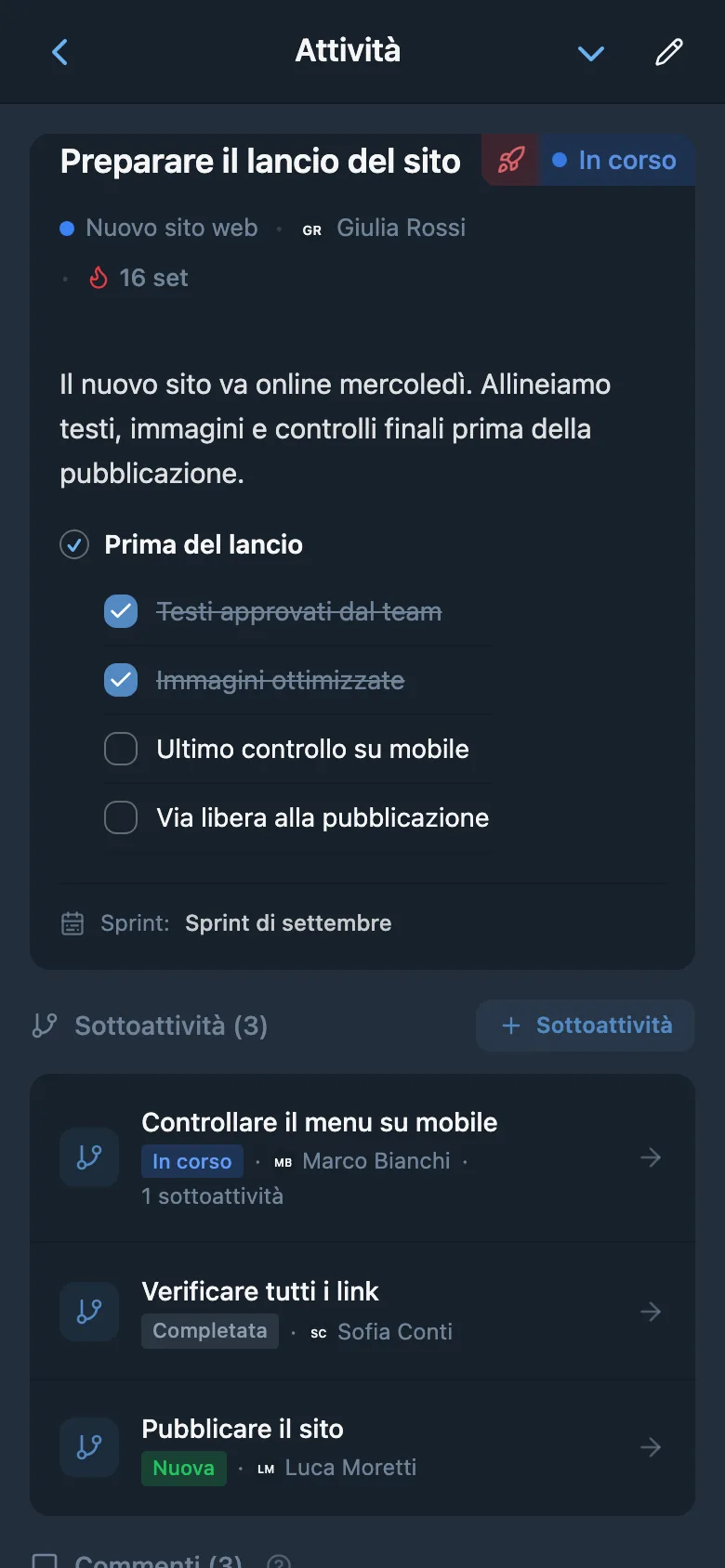 Scheda dell’attività con responsabile e scadenza