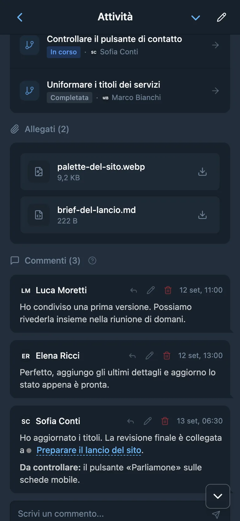 Conversazione del team nei commenti di un’attività