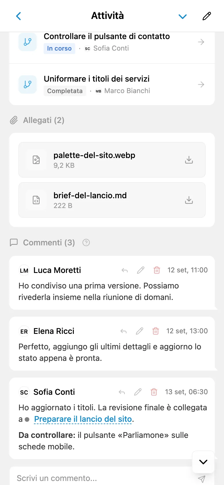 Conversazione del team nei commenti di un’attività