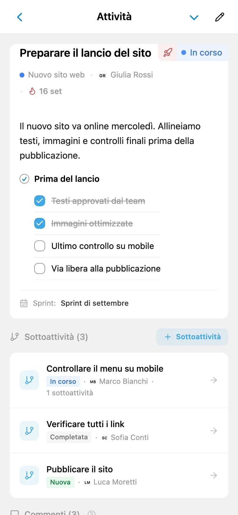Scheda dell’attività con responsabile e scadenza