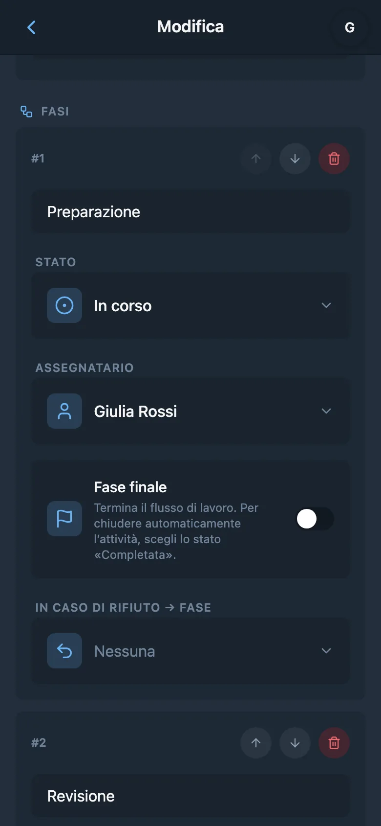 Impostazioni della fase con un membro assegnato