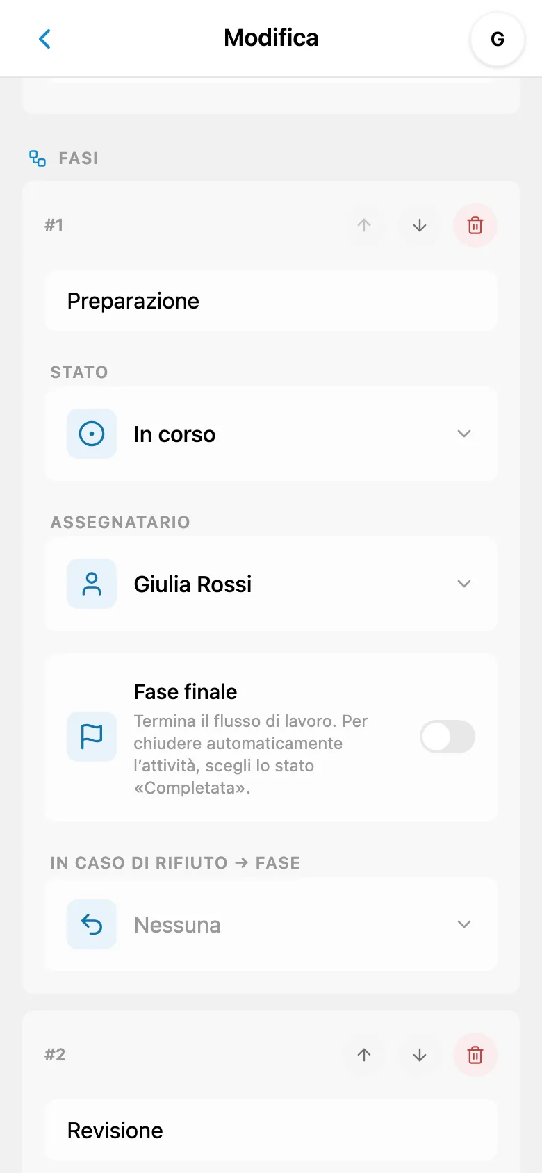 Impostazioni della fase con un membro assegnato