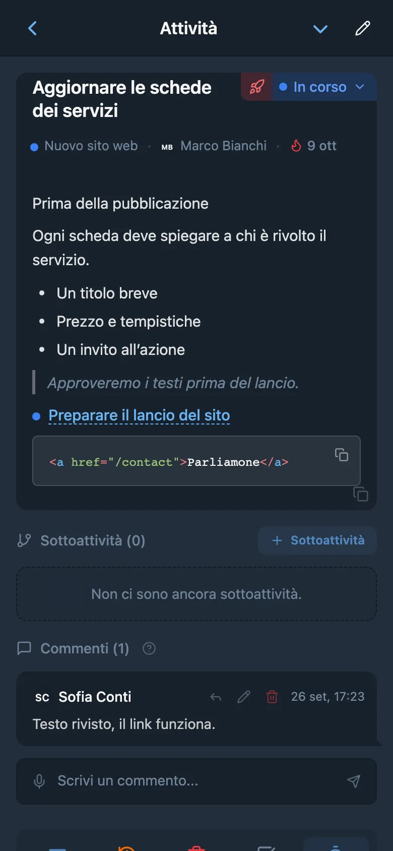 Descrizione di un’attività con elenco puntato, link, blocco di codice e citazione