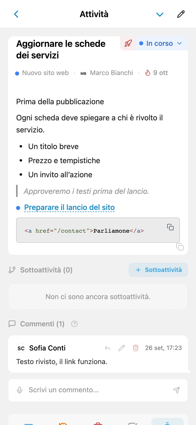 Descrizione di un’attività con elenco puntato, link, blocco di codice e citazione