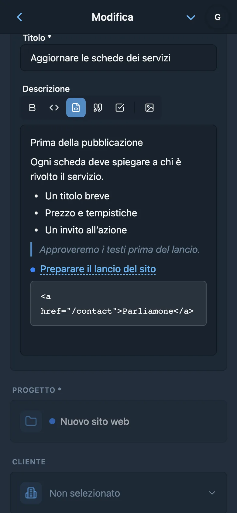 Editor della descrizione con formattazione e blocco di codice