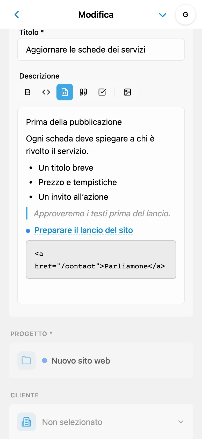 Editor della descrizione con formattazione e blocco di codice