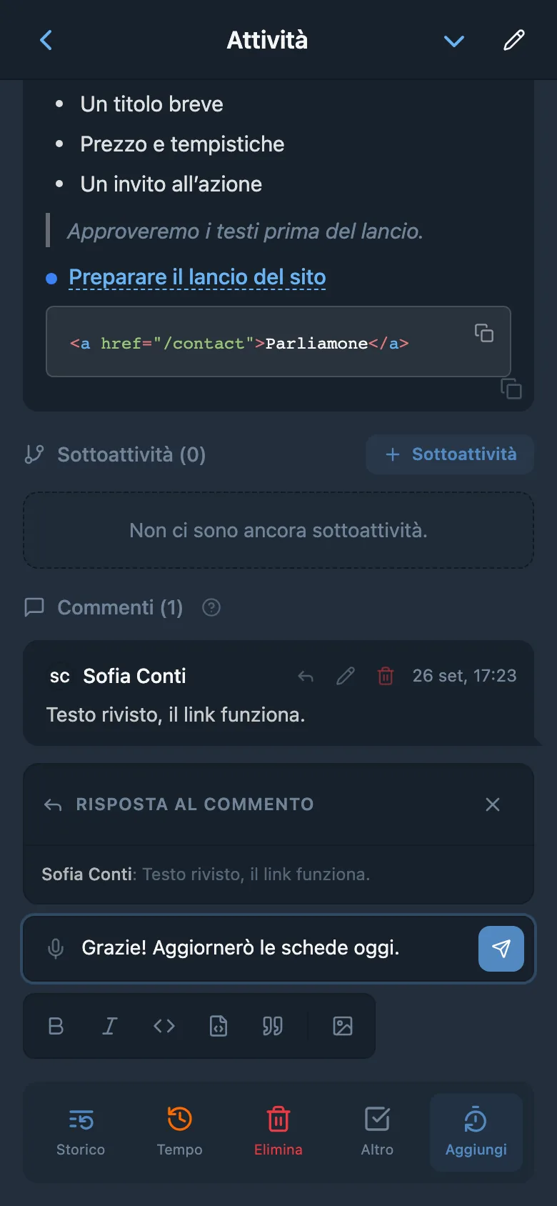 Risposta a un membro del team con il suo commento citato