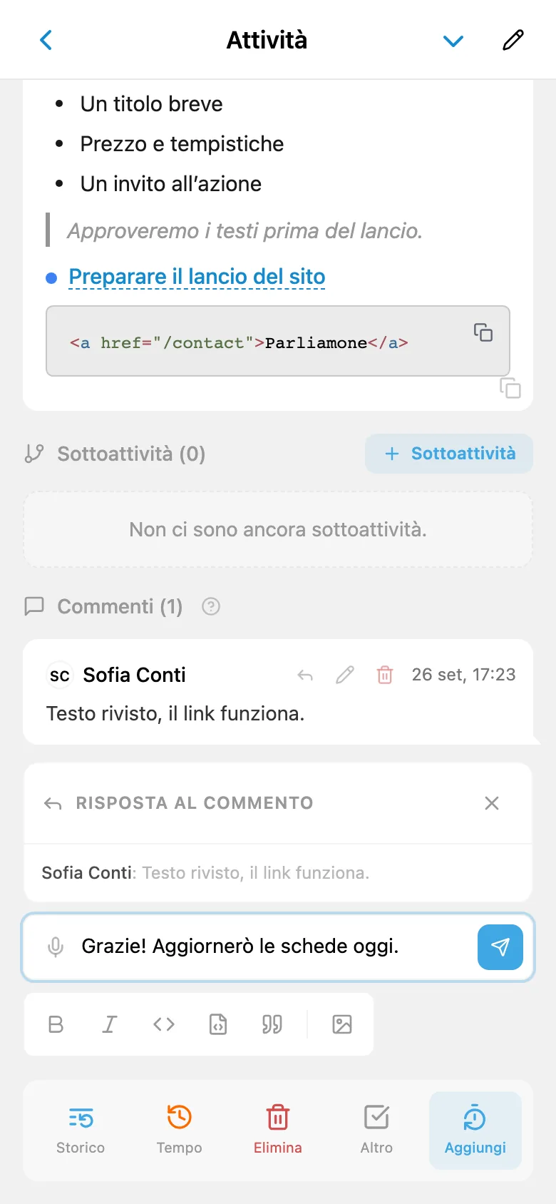 Risposta a un membro del team con il suo commento citato