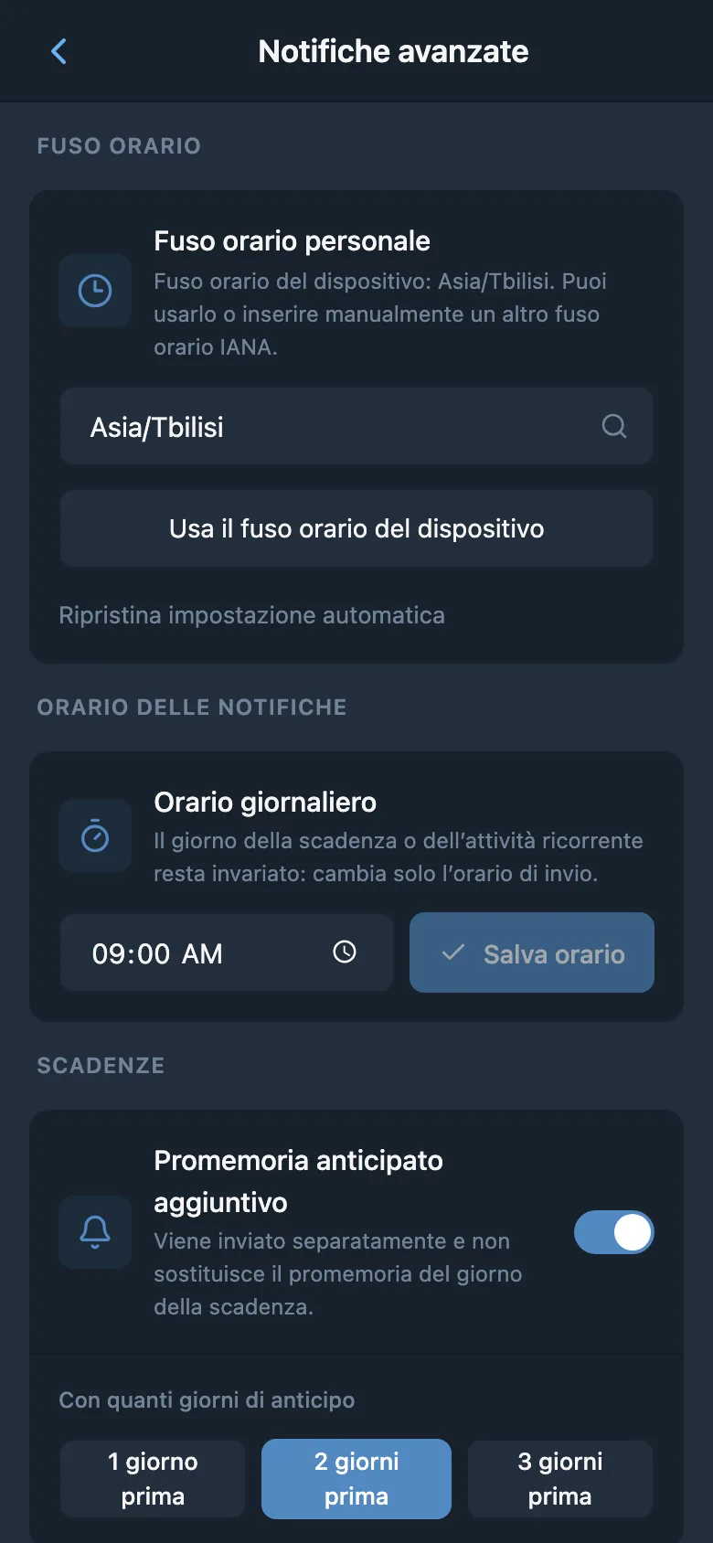 Impostazioni di fuso orario, orario delle notifiche e promemoria anticipati delle scadenze