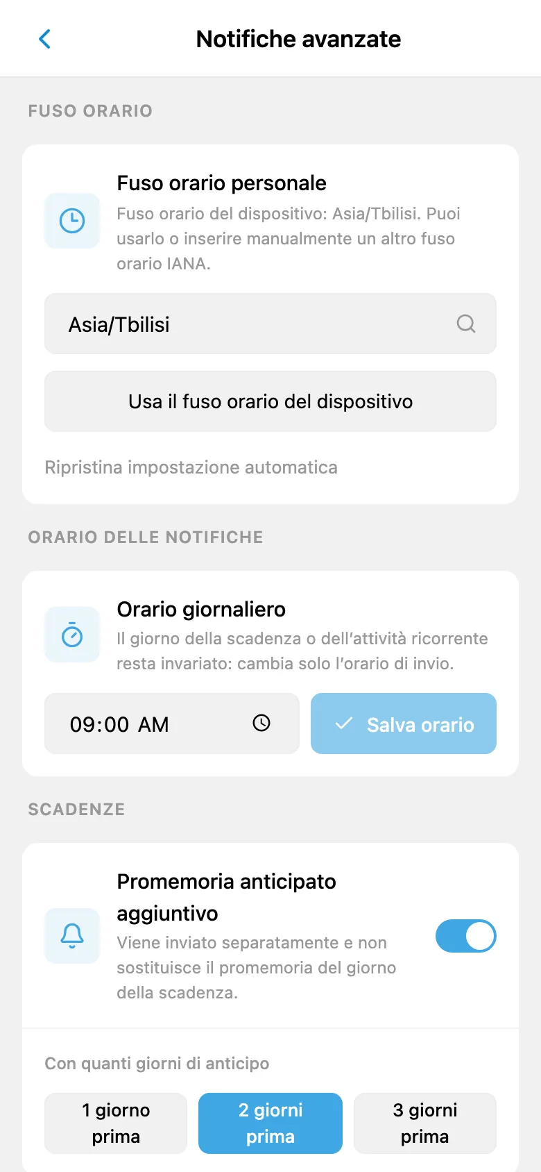 Impostazioni di fuso orario, orario delle notifiche e promemoria anticipati delle scadenze