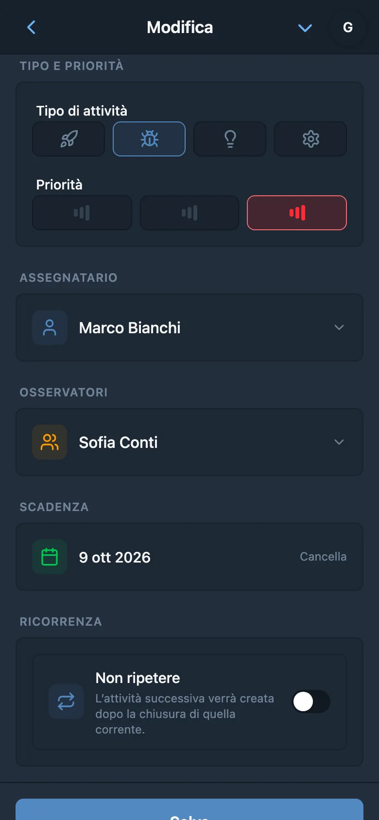 Campi dell’attività: tipo «Bug», priorità alta, responsabile, osservatore e scadenza