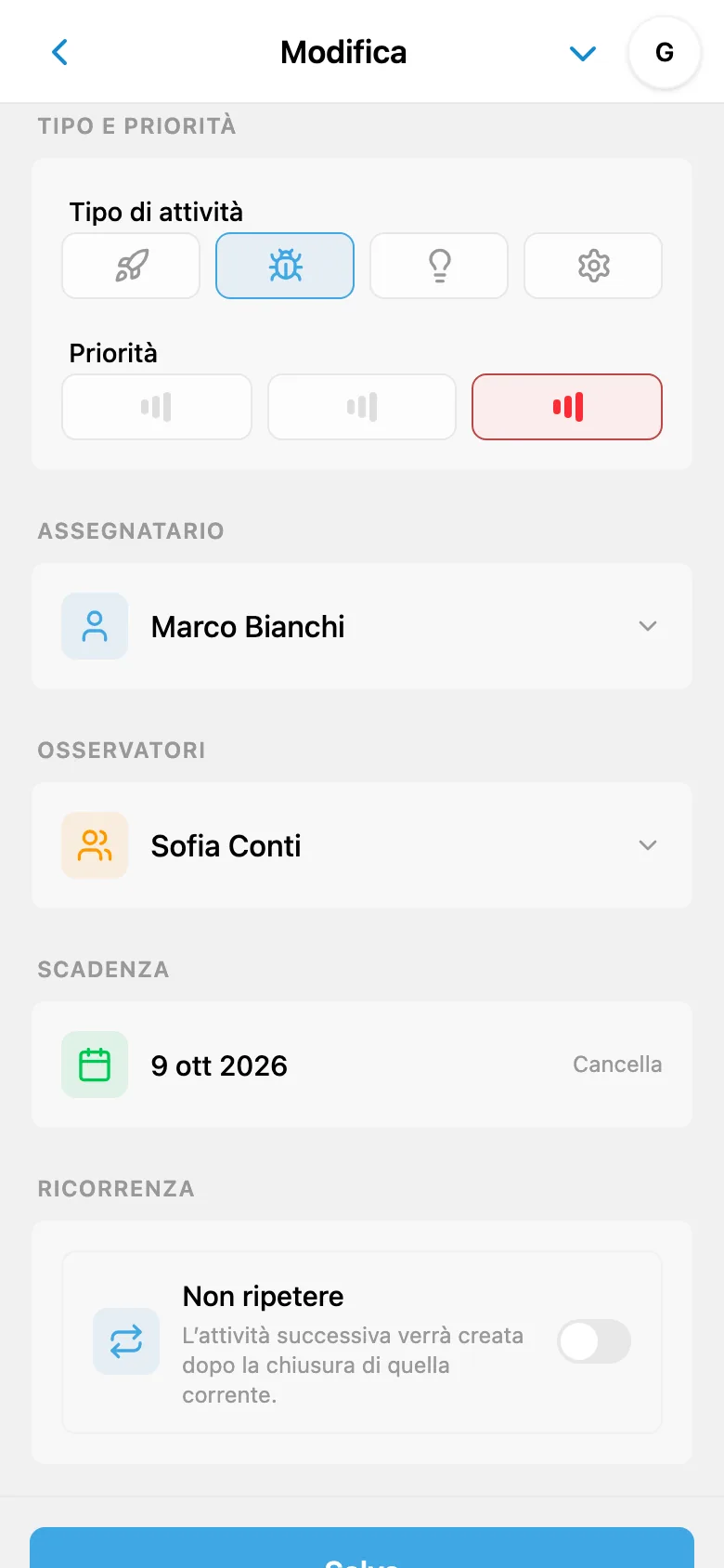 Campi dell’attività: tipo «Bug», priorità alta, responsabile, osservatore e scadenza