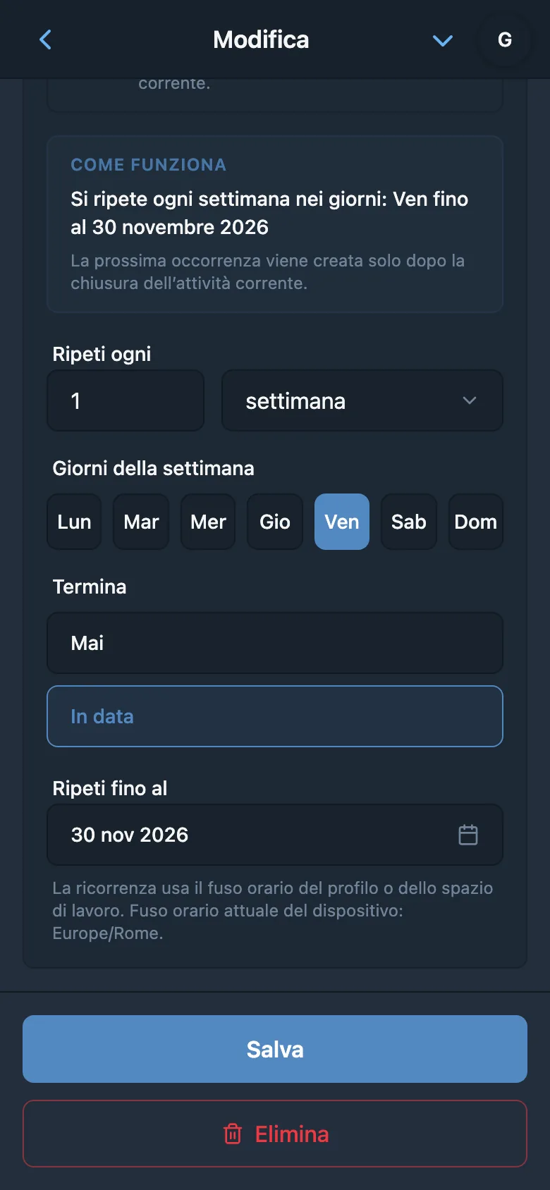Regola di ripetizione dell’attività ogni venerdì con data di fine della serie