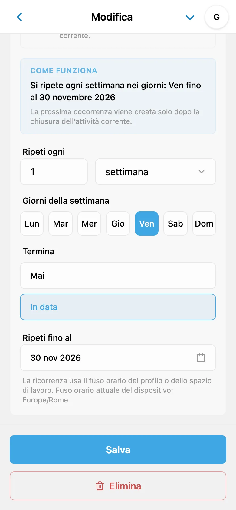 Regola di ripetizione dell’attività ogni venerdì con data di fine della serie